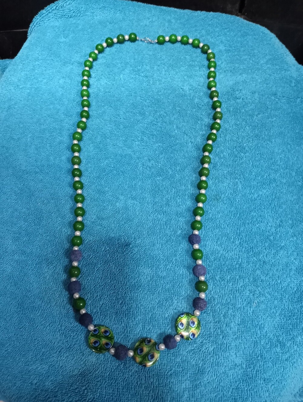Handcrafted Green & Purple Beaded Necklace Pearls Artisan Jewelry Peacock Beads